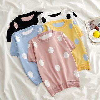 Round-neck Polka-dot Short-sleeve Knit Top