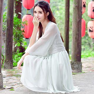 Long-sleeve V-neck Linen Panel Chiffon Dress
