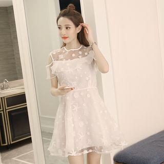 Embroidered Open Shoulder Organza A-line Dress