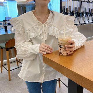 Long-sleeve Wide-collar Tie-neck Blouse Blouse - White - One Size