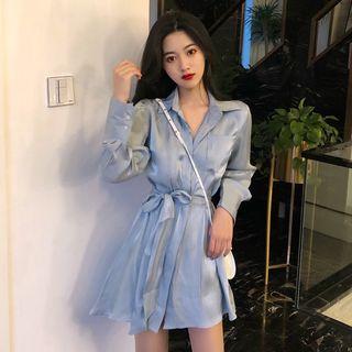 Long-sleeve Satin A-line Mini Dress Light Blue - One Size