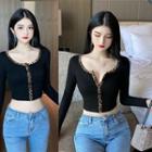 Long-sleeve Leopard Trim Buttoned Cropped T-shirt