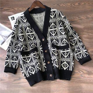 V-neck Jacquard Cardigan Black - One Size