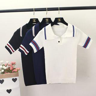 Stripe Collared Short-sleeve Knit Top
