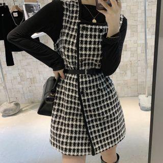 Long-sleeve T-shirt / Plaid Pinafore Dress / Belt