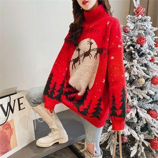 Deer Patterned Turtleneck Sweater