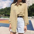 Stand-collar Long-sleeved Open-front Loose-fit Pocketed Straight Gingham Sheath Blouse