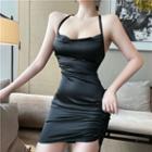 Plain Slim-fit Halter Dress Black - One Size