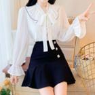 Long-sleeve Tie-neck Frill Trim Blouse / A-line Mini Skirt / Set