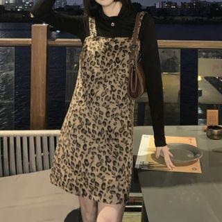 Fluffy Jacket / Long-sleeve T-shirt / Leopard Print Pinafore Dress