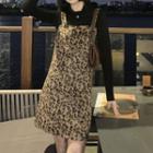 Fluffy Jacket / Long-sleeve T-shirt / Leopard Print Pinafore Dress