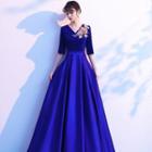 Elbow-sleeve Glitter Flower Embroidered Sheath Evening Gown