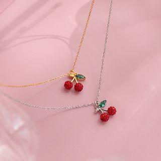 925 Sterling Silver Rhinestone Cherry Pendant Necklace