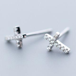 Rhinestone Cross Earring 925 Sterling Silver - Earring - One Size
