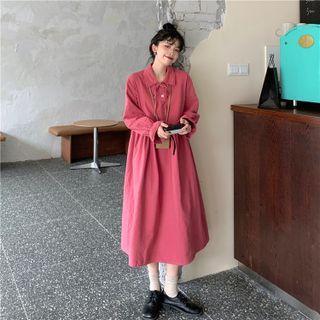 Long-sleeve Collared Midi A-line Polo Dress Pink - One Size
