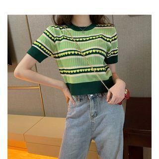 Patterned Short-sleeve Knit Top Avocado Green - One Size