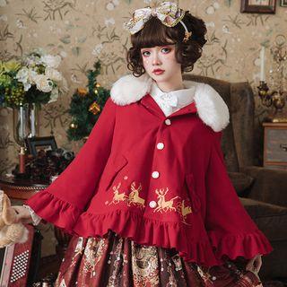 Furry Collar Deer Print Single-breasted Jacket
