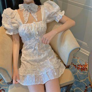Puff-sleeve Square Neck Shirred Dress