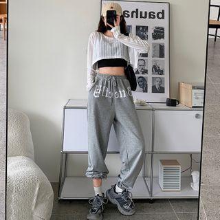Long-sleeve Striped Sheer Crop Top / Sweatpants