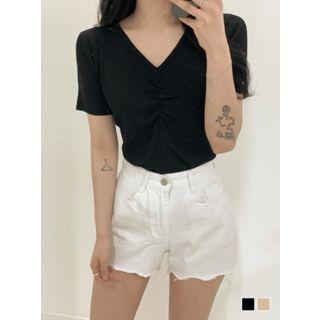 V-neck Shirred-trim Rib-knit Top