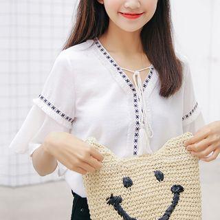 Tasseled V-neck Elbow-sleeve Chiffon Top