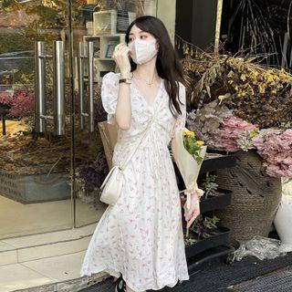 Puff-sleeve Floral Print Drawstring A-line Dress Pink Floral - White - One Size