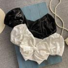 V Neck Plain Puff Short Sleeve Crop Top
