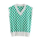V-neck Checkerboard Sweater Vest Green - One Size