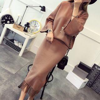 Set: Plain Long-sleeve Knit Top + Fringed Midi Skirt