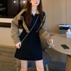 Long-sleeve Two-tone Mini A-line Dress Khaki & Black - One Size