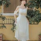 Short-sleeve Cold Shoulder Faux Pearl Midi A-line Dress