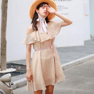 Off-shoulder Ruffle Gingham Chiffon Dress