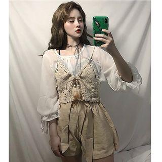 Set: Chiffon Blouse + Spaghetti-strap Knit Top + Shorts