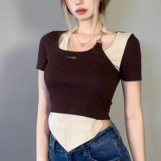 Mock Two-piece Short-sleeve Asymmetrical Crop T-shirt
