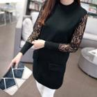 Lace-panel Pocket-accent Long Knit Top