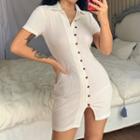 Short Sleeve Collar Button-up See-through Mini Bodycon Dress