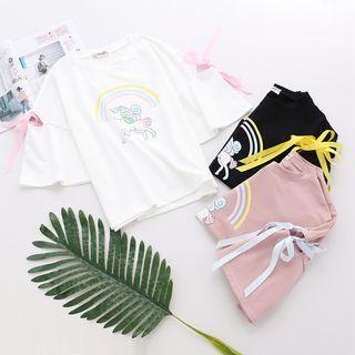 Ribbon Detail Unicorn Print Short-sleeve T-shirt