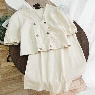Set: Buttoned Short-sleeve Blouse + Mini A-line Skirt