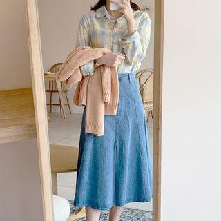 Slit-front Flare Midi Denim Skirt