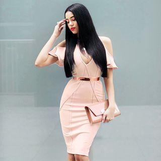 Ruffle Sleeve Cutout Shoulder Sheath Dress