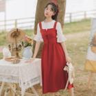 Elbow-sleeve Blouse / Midi A-line Overall Dress / Set