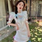 Heart Embroidered Short-sleeve Mini A-line Dress White - One Size