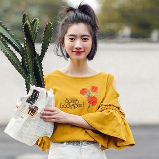 Cutout Shoulder Embroidered 3/4-sleeve Top