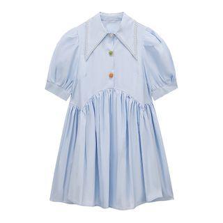 Short-sleeve Faux Pearl Embellished Shirt Dress