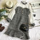 Lace Accent Long-sleeve Tweed A-line Dress