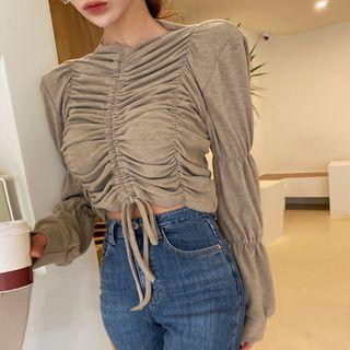 Plain Pleated Long-sleeve Blouse
