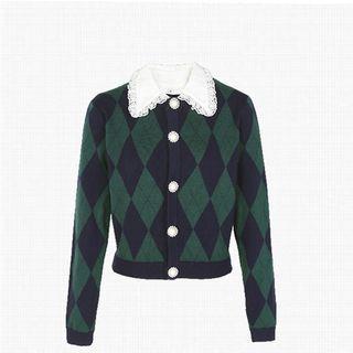 Lace Collared Argyle Print Cardigan
