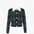 Lace Collared Argyle Print Cardigan