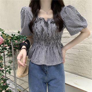 Puff-sleeve Gingham Check Peplum Top