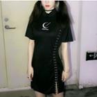 Embroidered Short-sleeve Slit T-shirt Dress